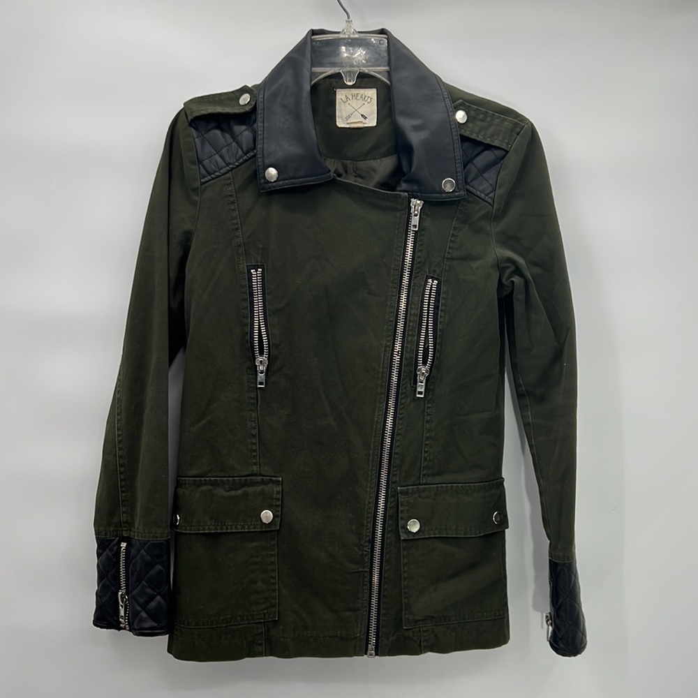 LA Hearts green black leather jacket coat size S asymetrical zip
